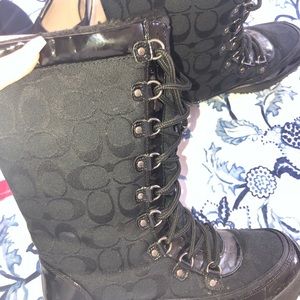 Coach black fuzzy tie boots